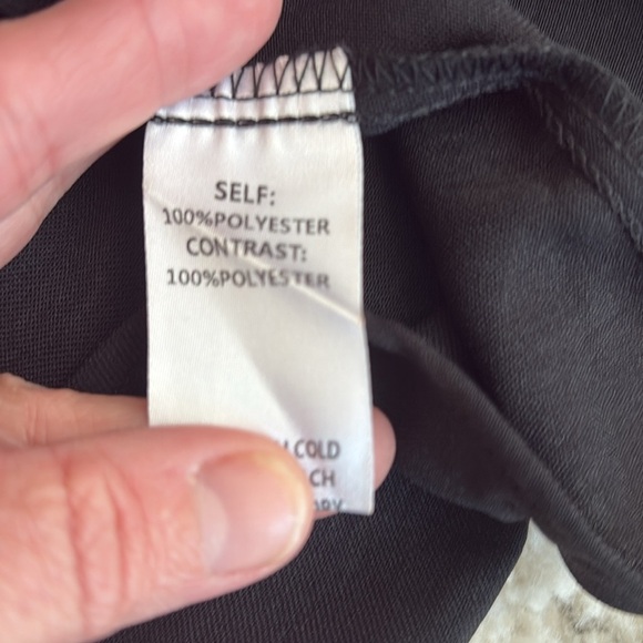 Easel black v-neck sheer shiny 3/4 sleeve mixed media rounded hem blouse shirt - Picture 12 of 16